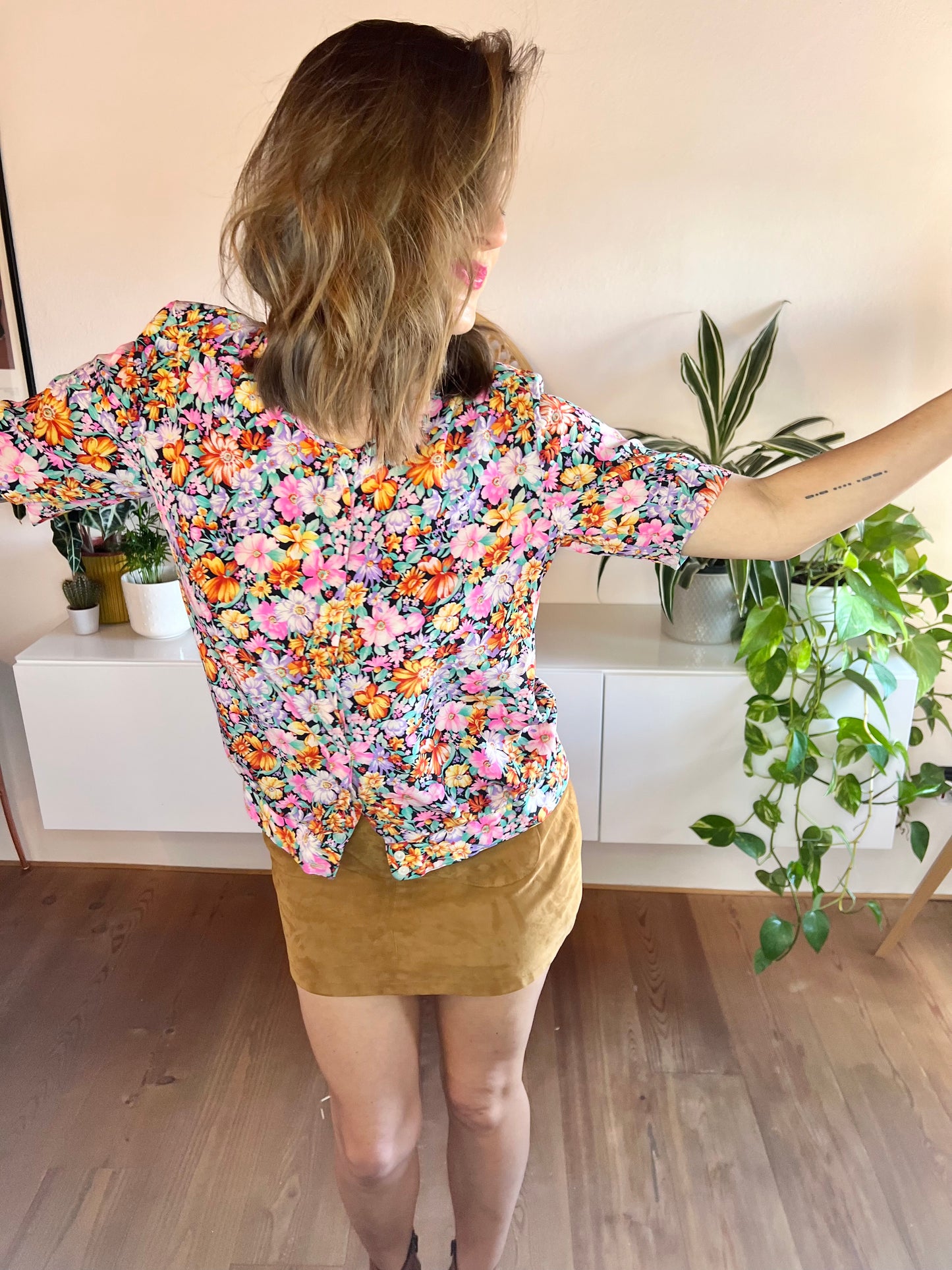 1970's vintage multi colour silk floral short sleeve blouse