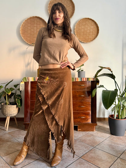 1970's vintage tan crushed velvet western maxi skirt with floral embroidery