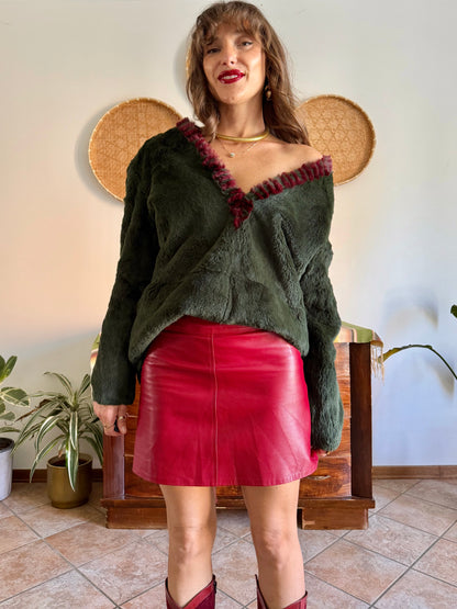 1970's vintage dark green and burgundy fur textured pullover