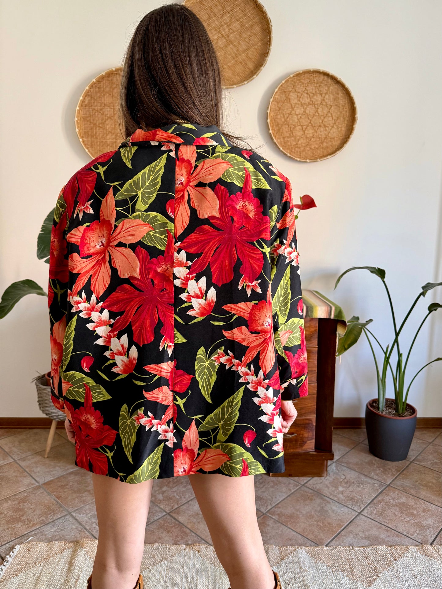 1990's vintage red, green and black silk floral jacket