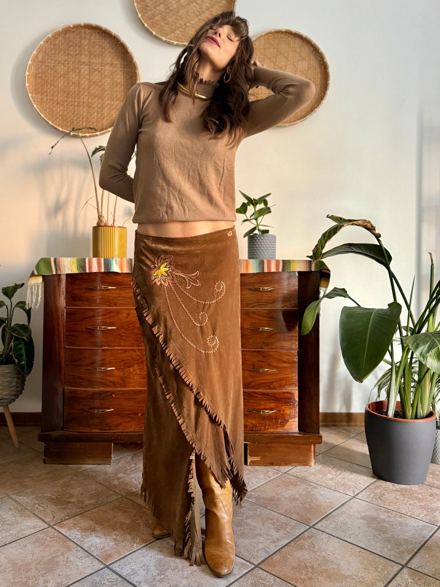 1970's vintage tan crushed velvet western maxi skirt with floral embroidery