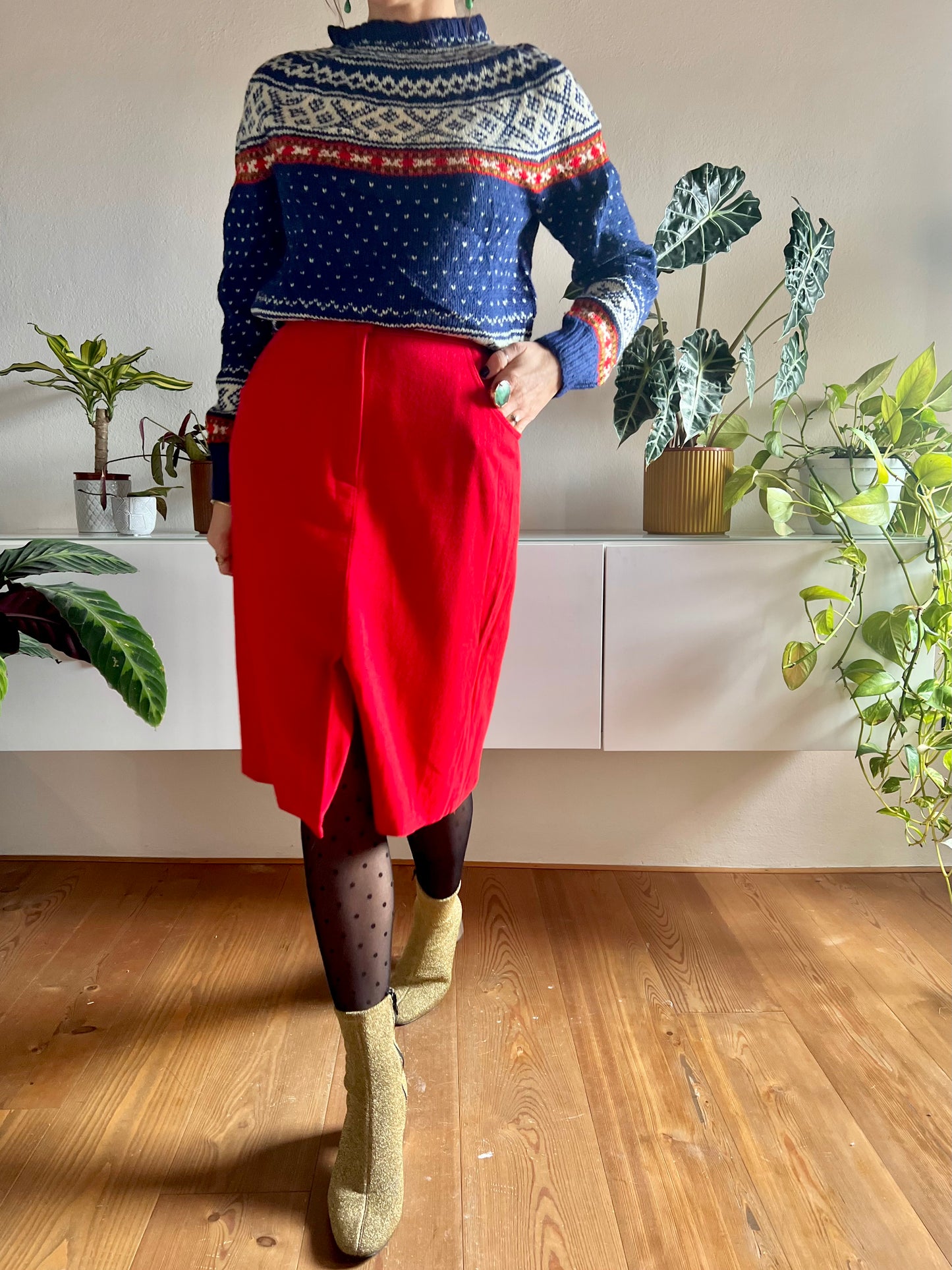 1970's vintage cherry red wool blend midi skirt