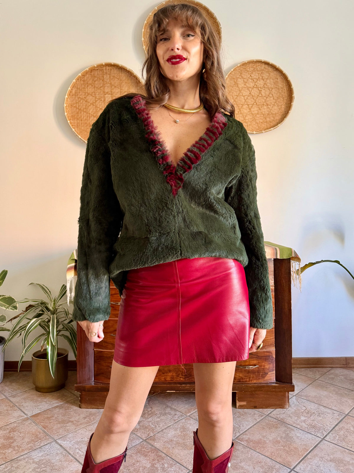1970's vintage dark green and burgundy fur textured pullover