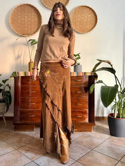 1970's vintage tan crushed velvet western maxi skirt with floral embroidery