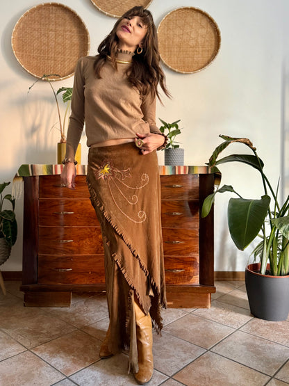 1970's vintage tan crushed velvet western maxi skirt with floral embroidery