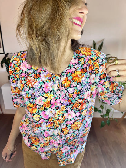 1970's vintage multi colour silk floral short sleeve blouse