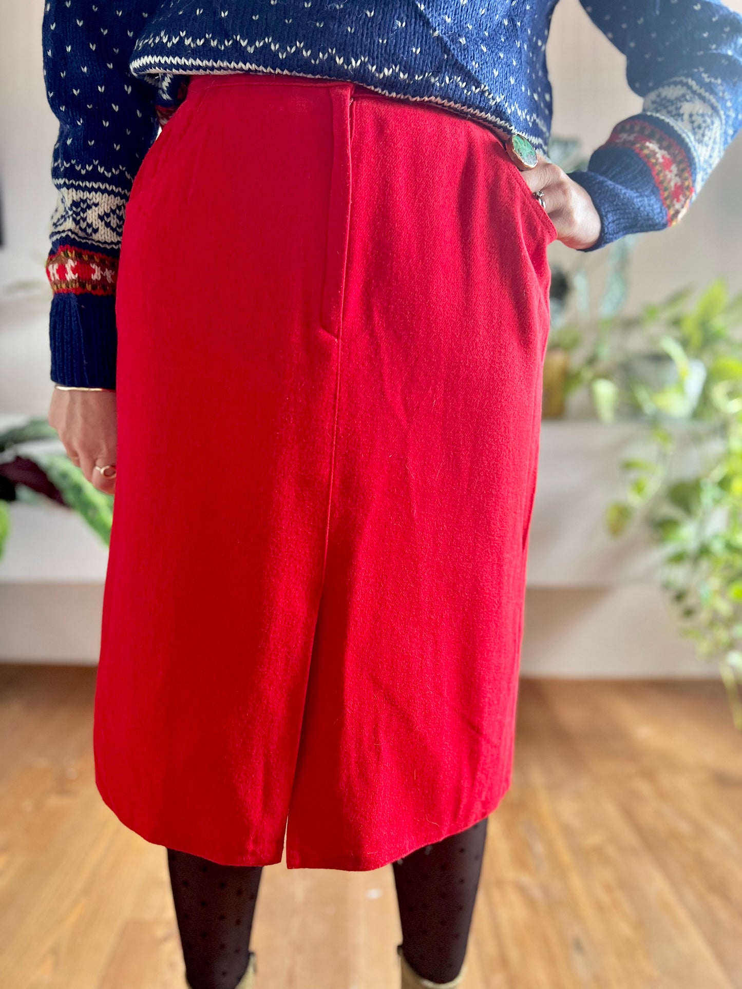 1970's vintage cherry red wool blend midi skirt