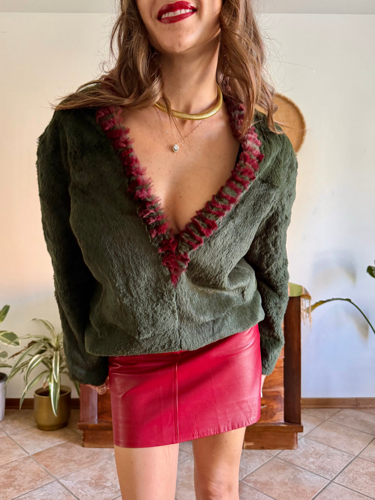 1970's vintage dark green and burgundy fur textured pullover
