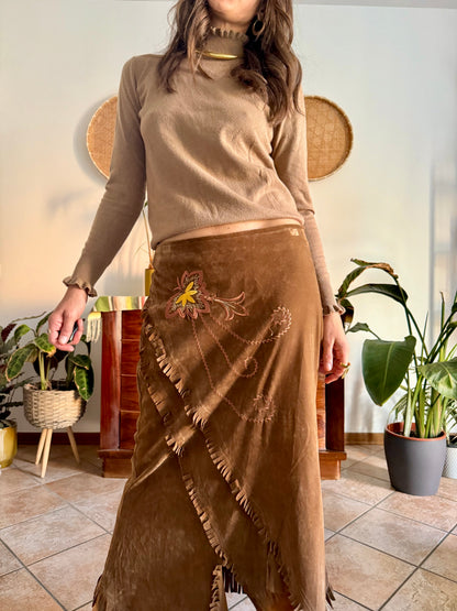 1970's vintage tan crushed velvet western maxi skirt with floral embroidery