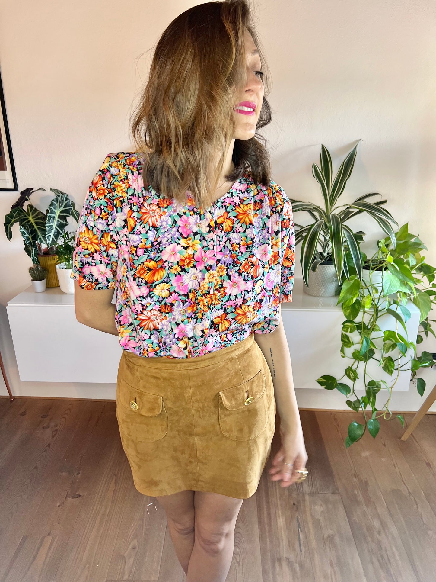 1970's vintage multi colour silk floral short sleeve blouse