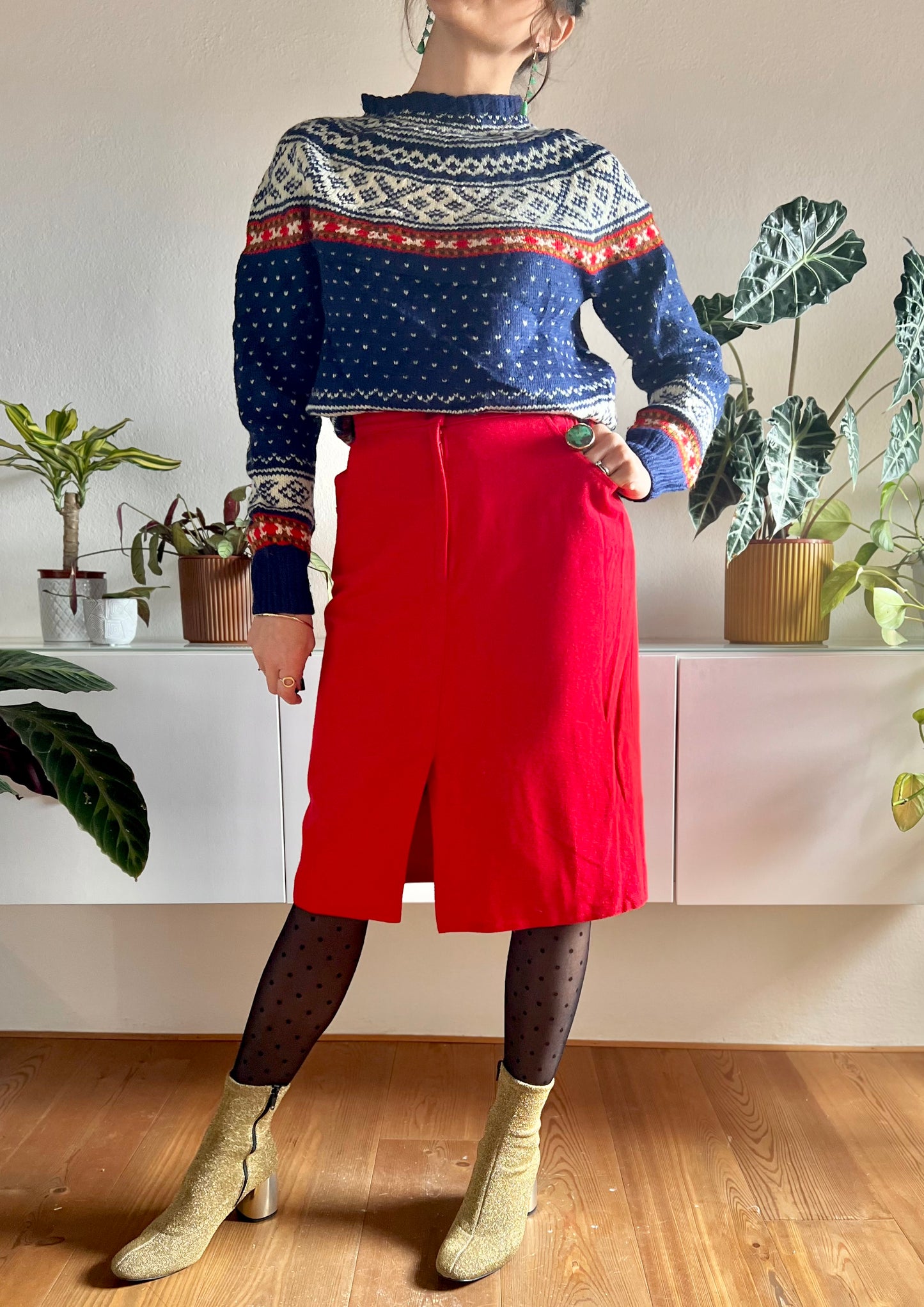 1970's vintage cherry red wool blend midi skirt