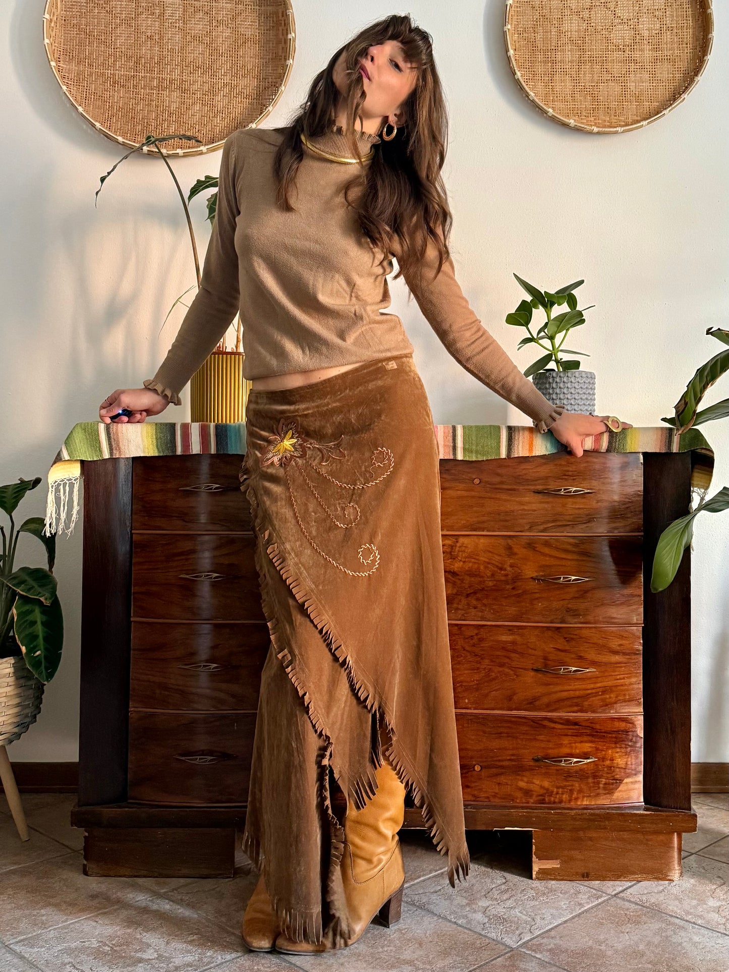 1970's vintage tan crushed velvet western maxi skirt with floral embroidery