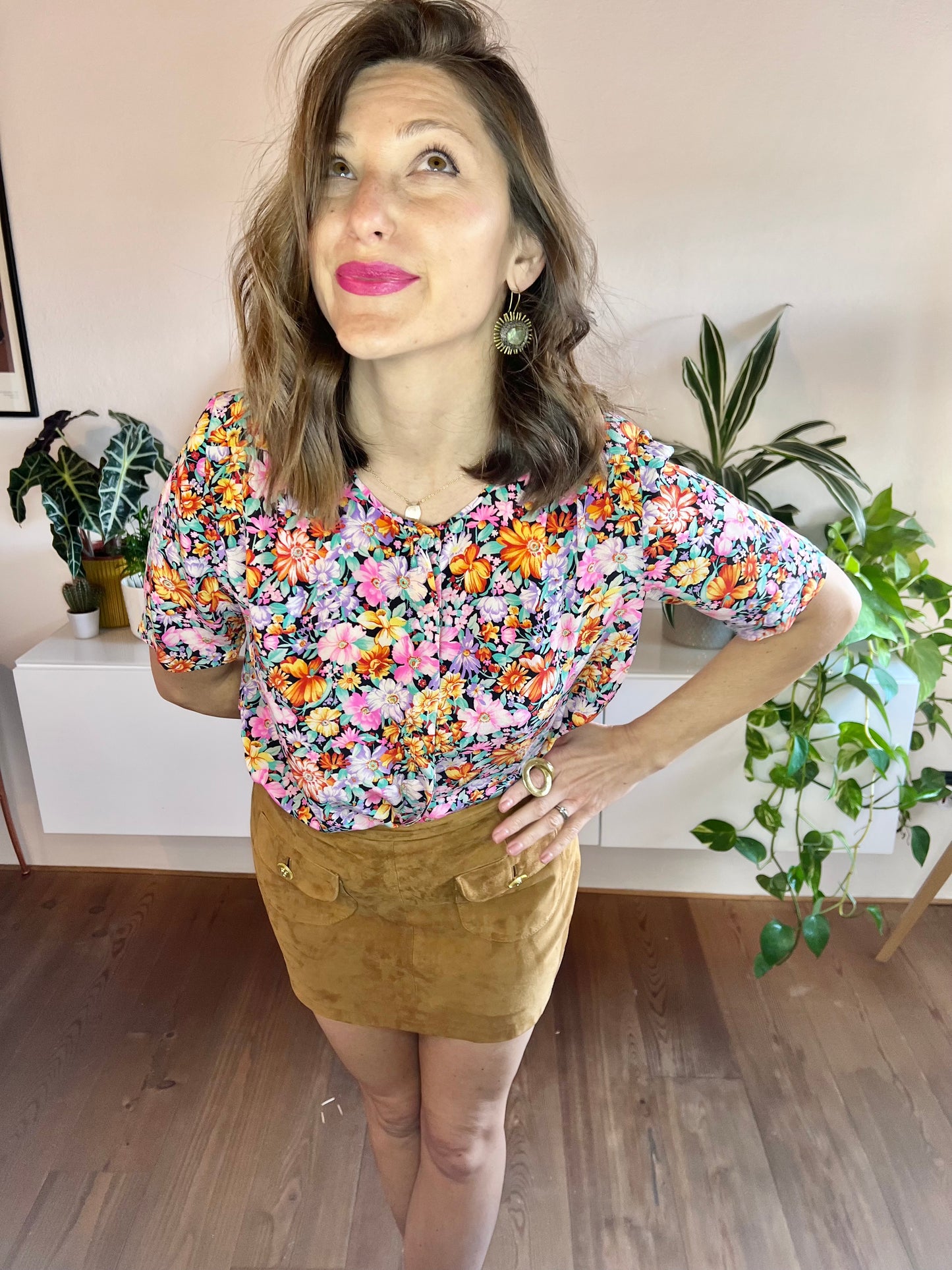 1970's vintage multi colour silk floral short sleeve blouse