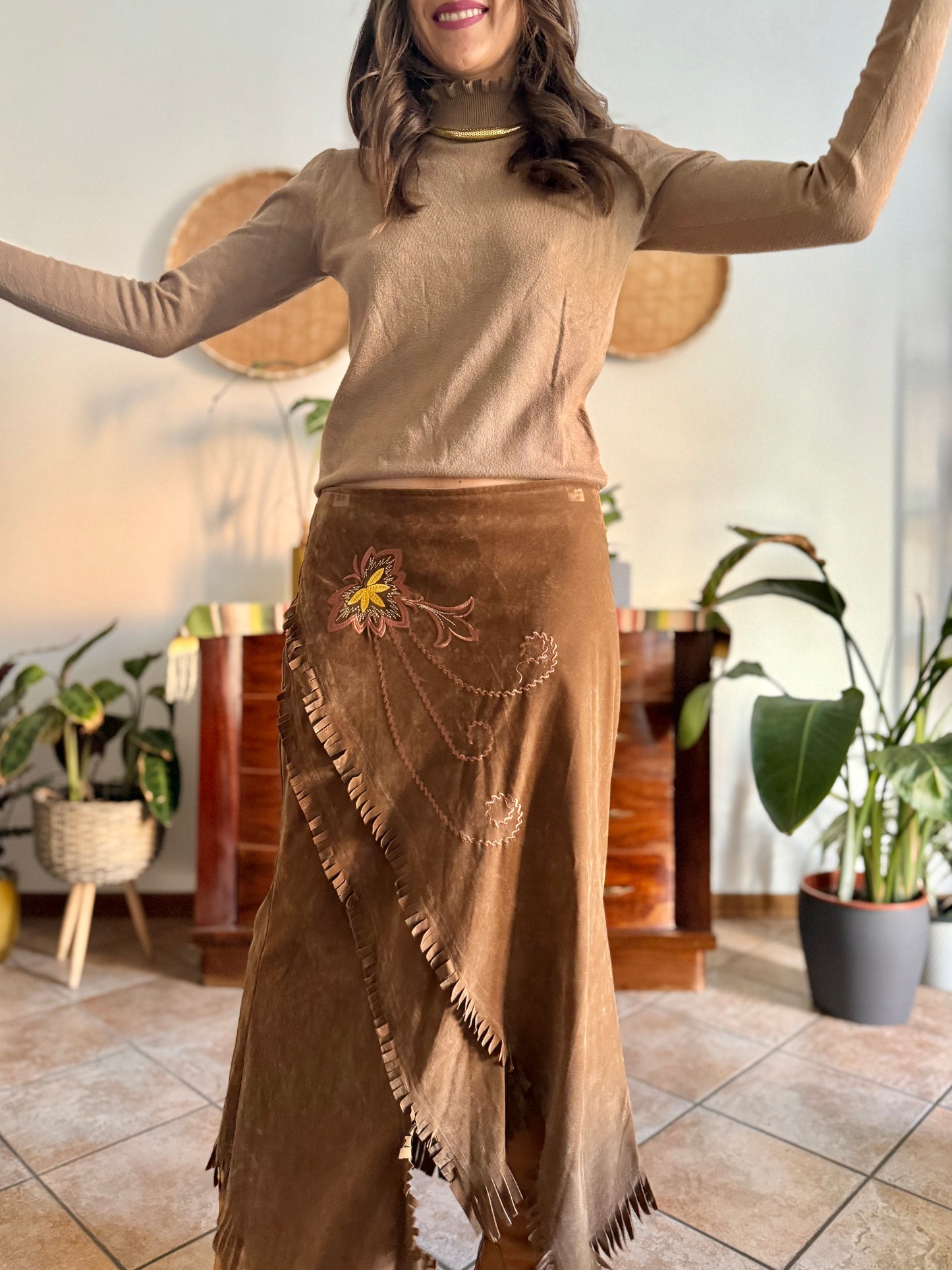 1970's vintage tan crushed velvet western maxi skirt with floral embroidery