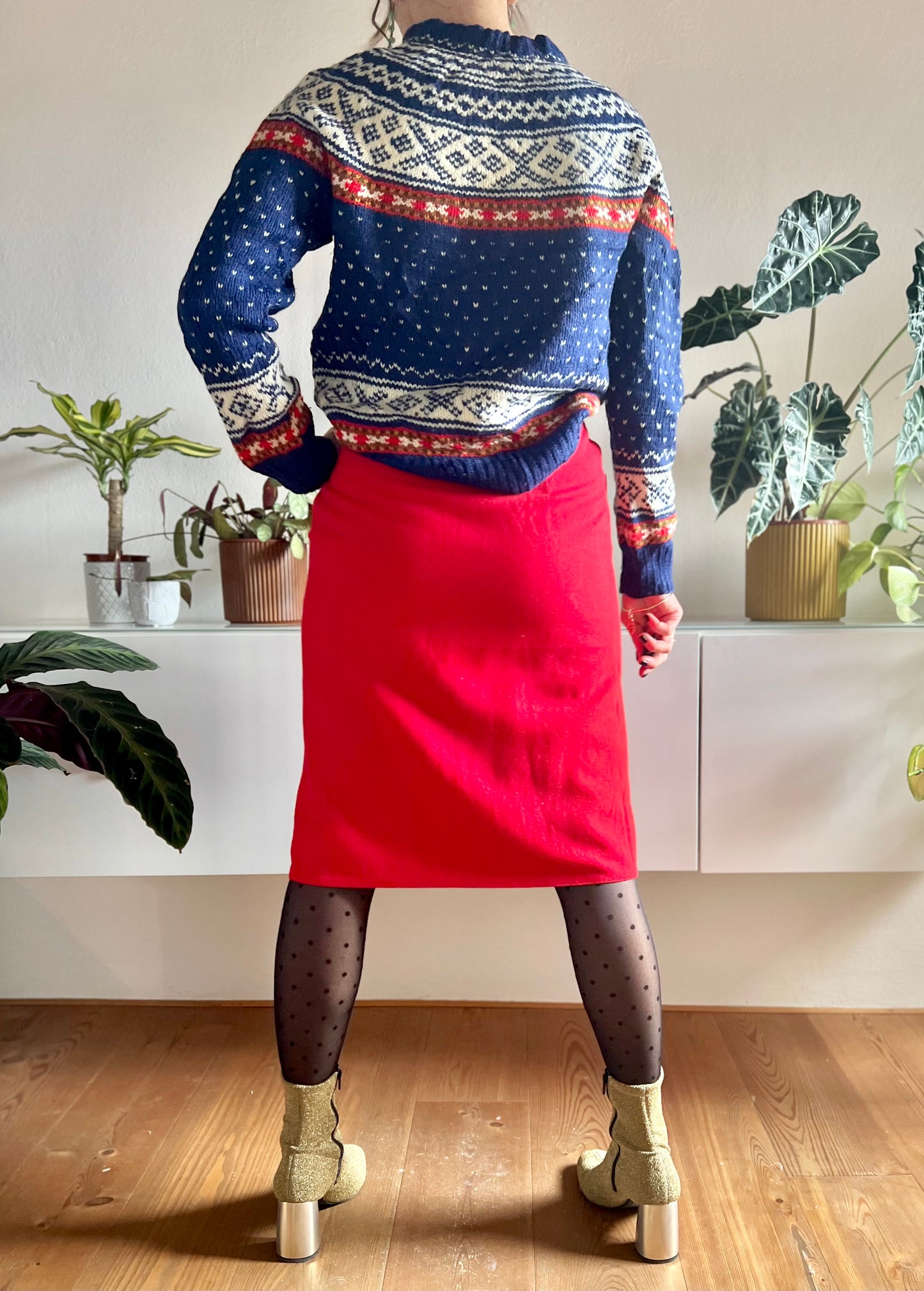 1970's vintage cherry red wool blend midi skirt