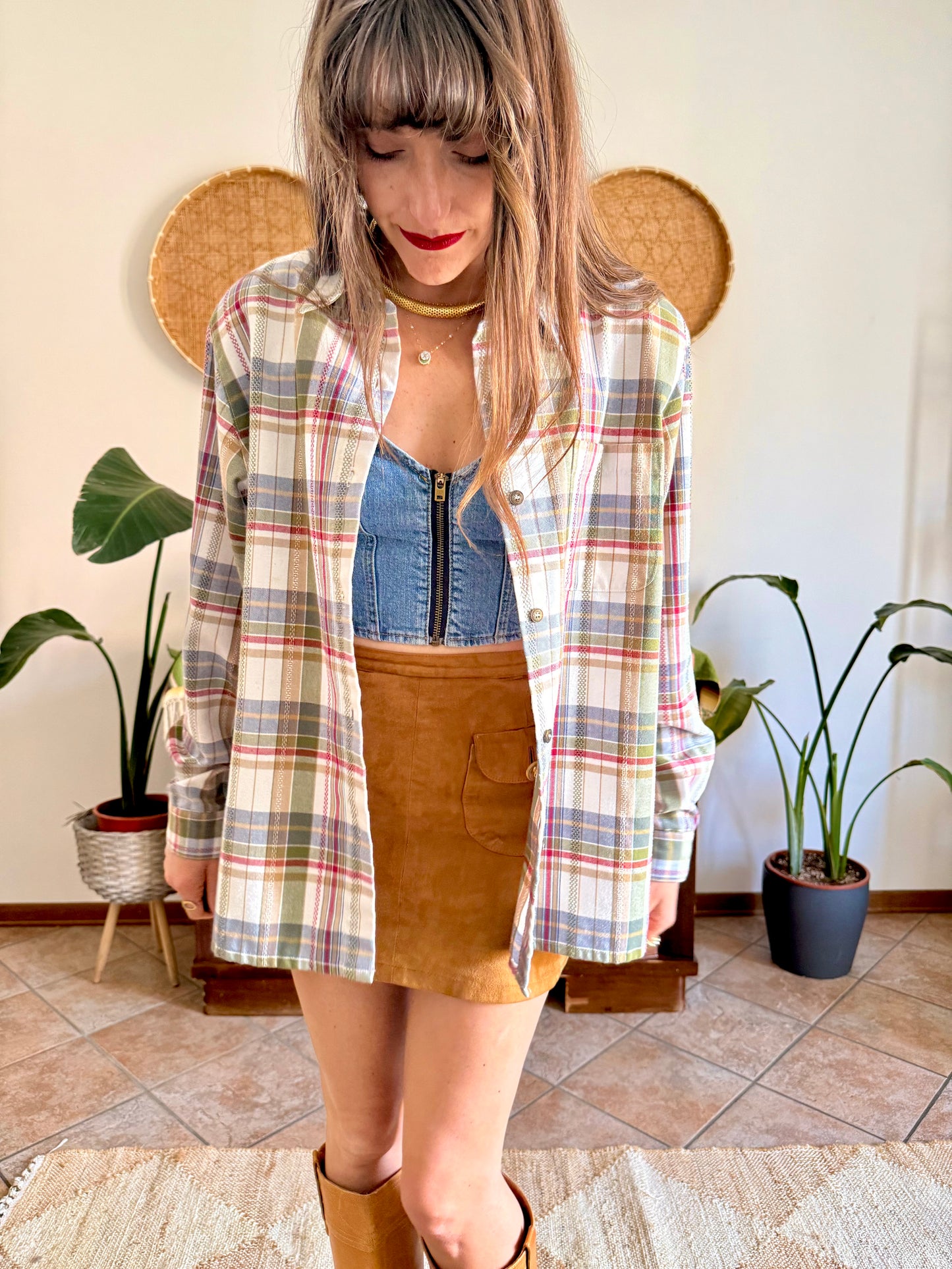 1970's vintage red, green and cream textured western style plaid button down shirt