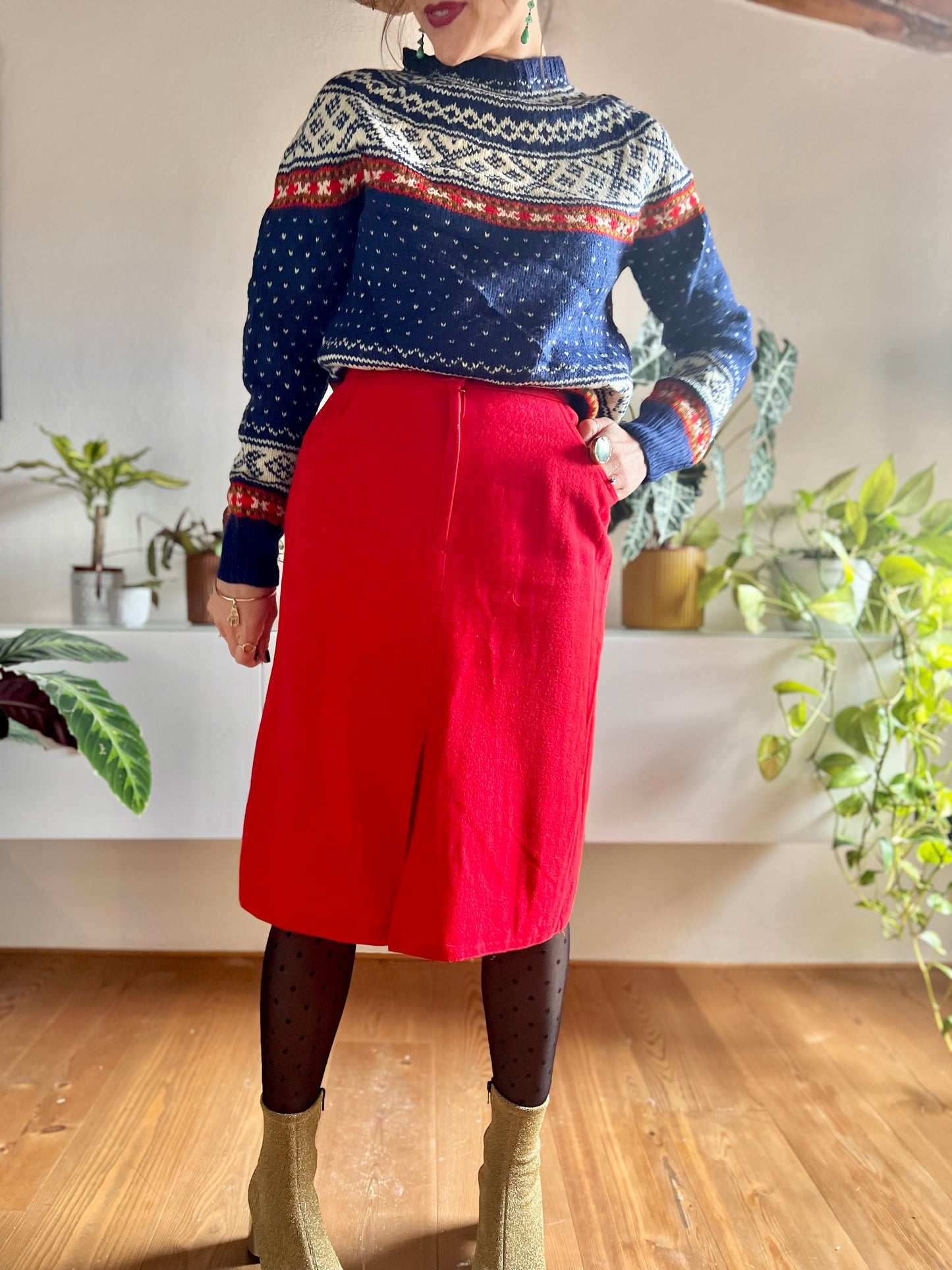 1970's vintage cherry red wool blend midi skirt