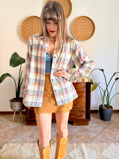1970's vintage red, green and cream textured western style plaid button down shirt