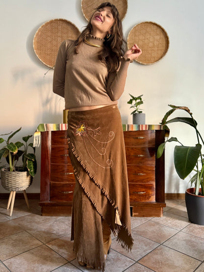 1970's vintage tan crushed velvet western maxi skirt with floral embroidery