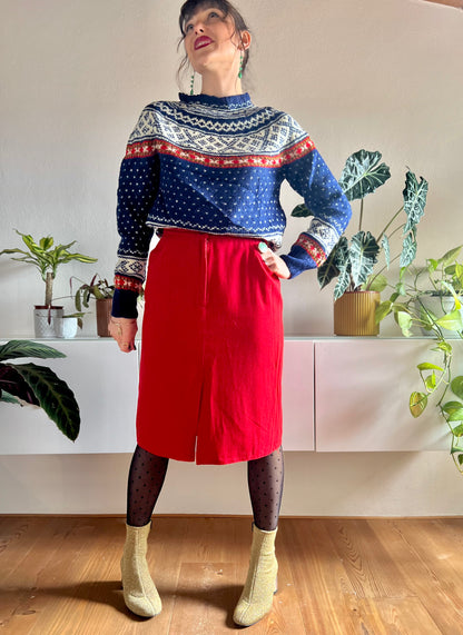 1970's vintage cherry red wool blend midi skirt