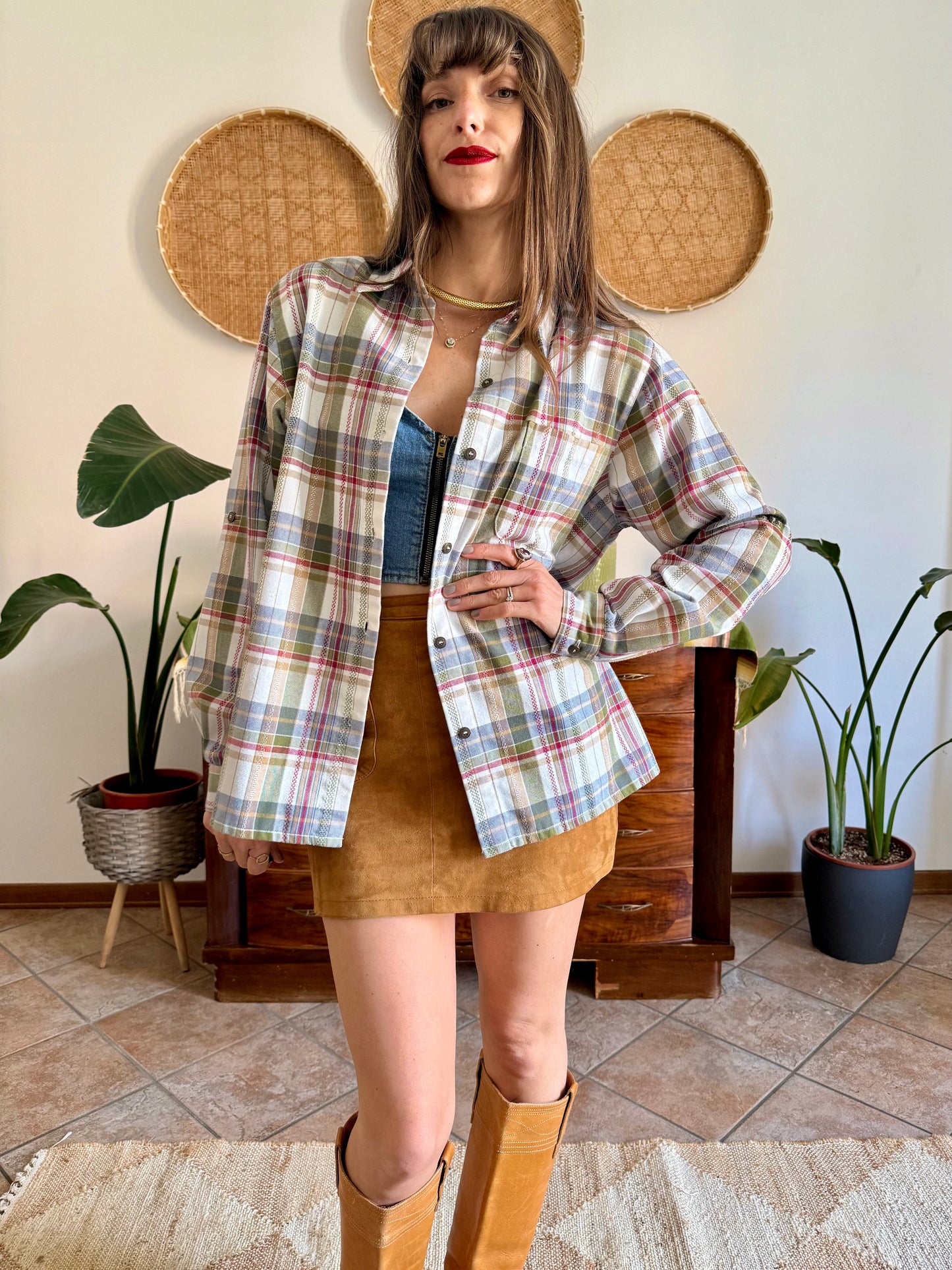 1970's vintage red, green and cream textured western style plaid button down shirt