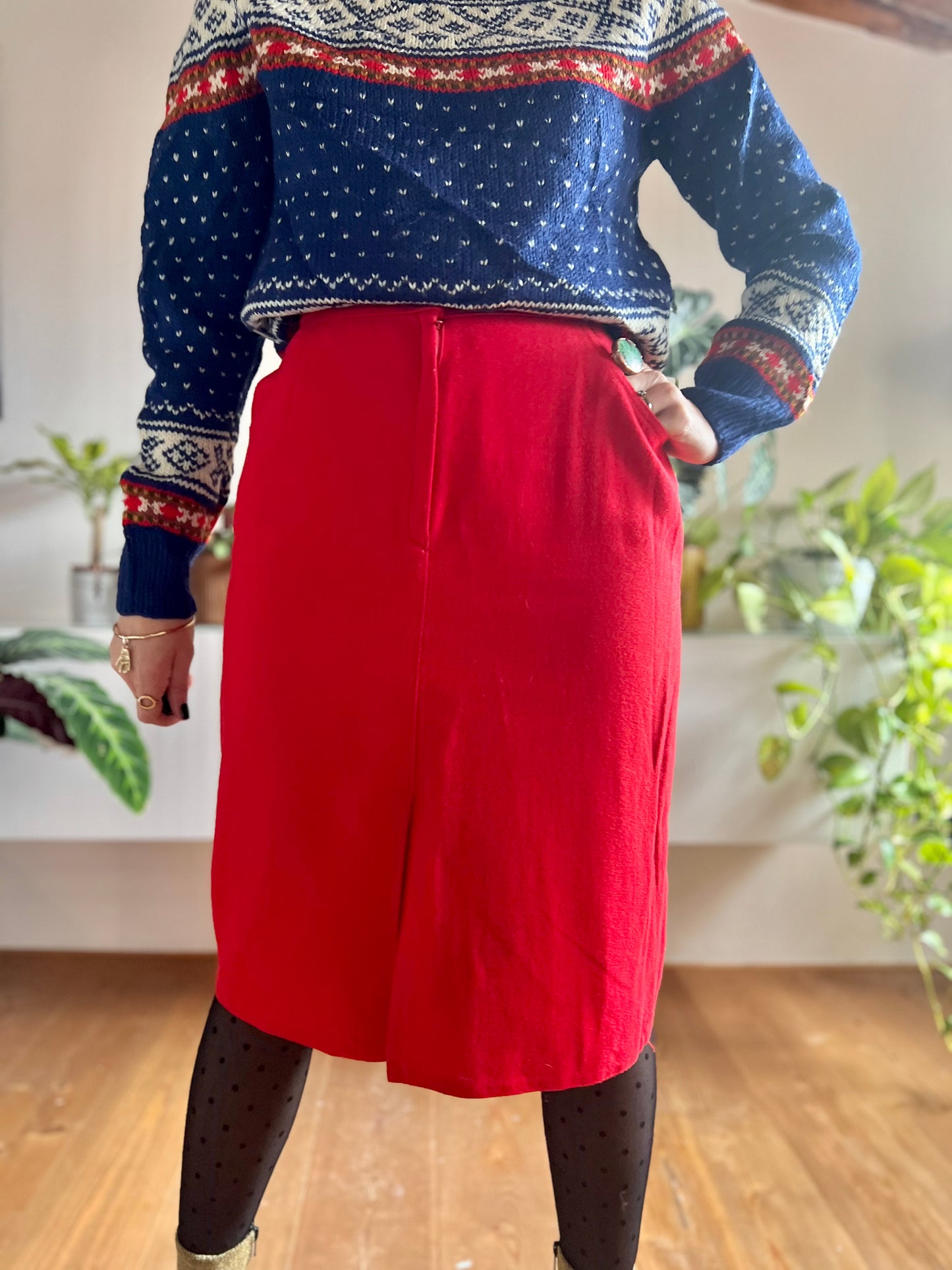 1970's vintage cherry red wool blend midi skirt