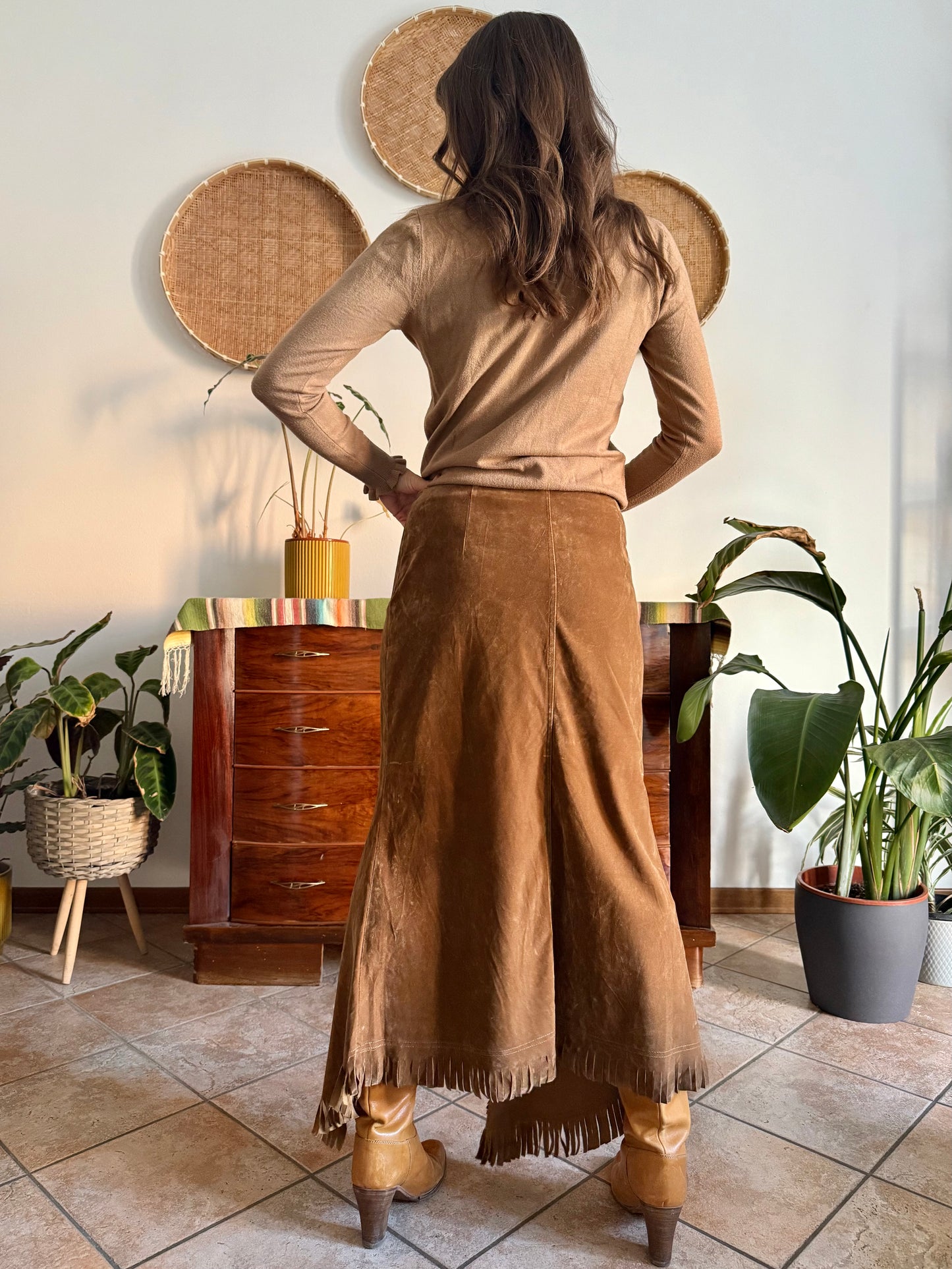 1970's vintage tan crushed velvet western maxi skirt with floral embroidery