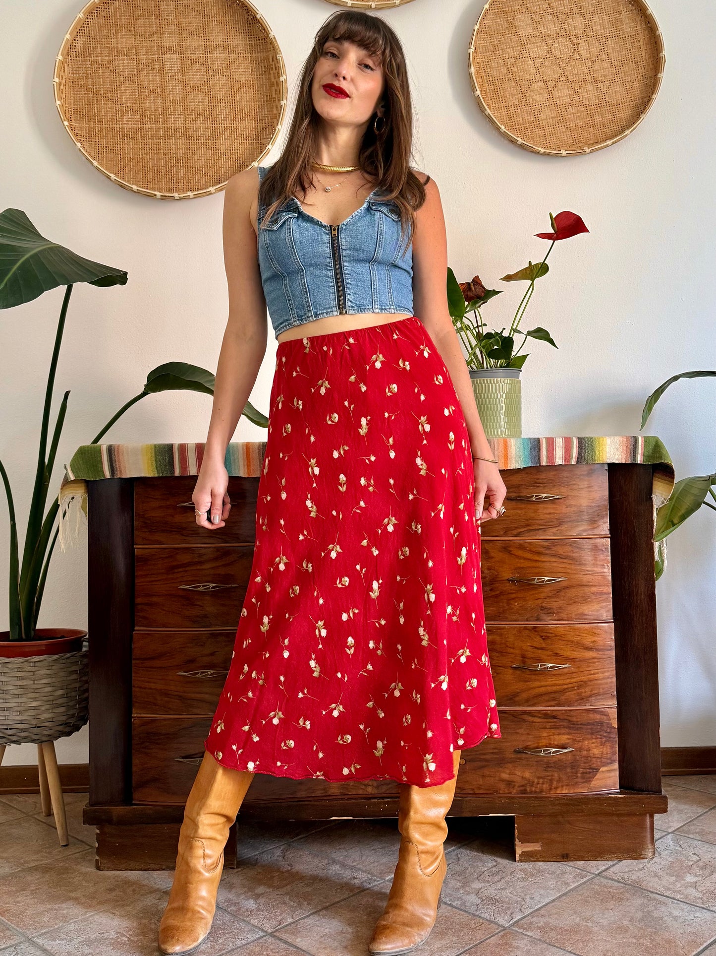 1990's vintage red floral midi skirt