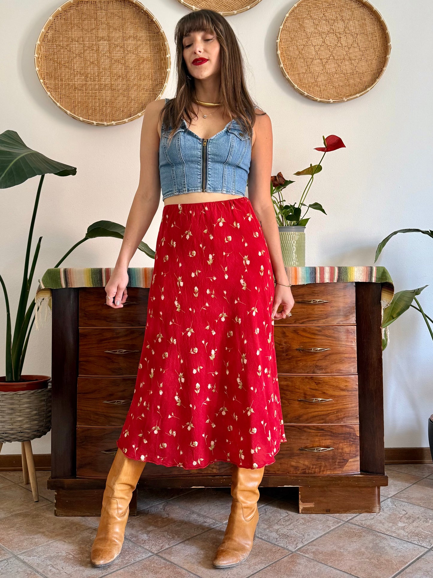1990's vintage red floral midi skirt