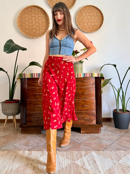1990's vintage red floral midi skirt