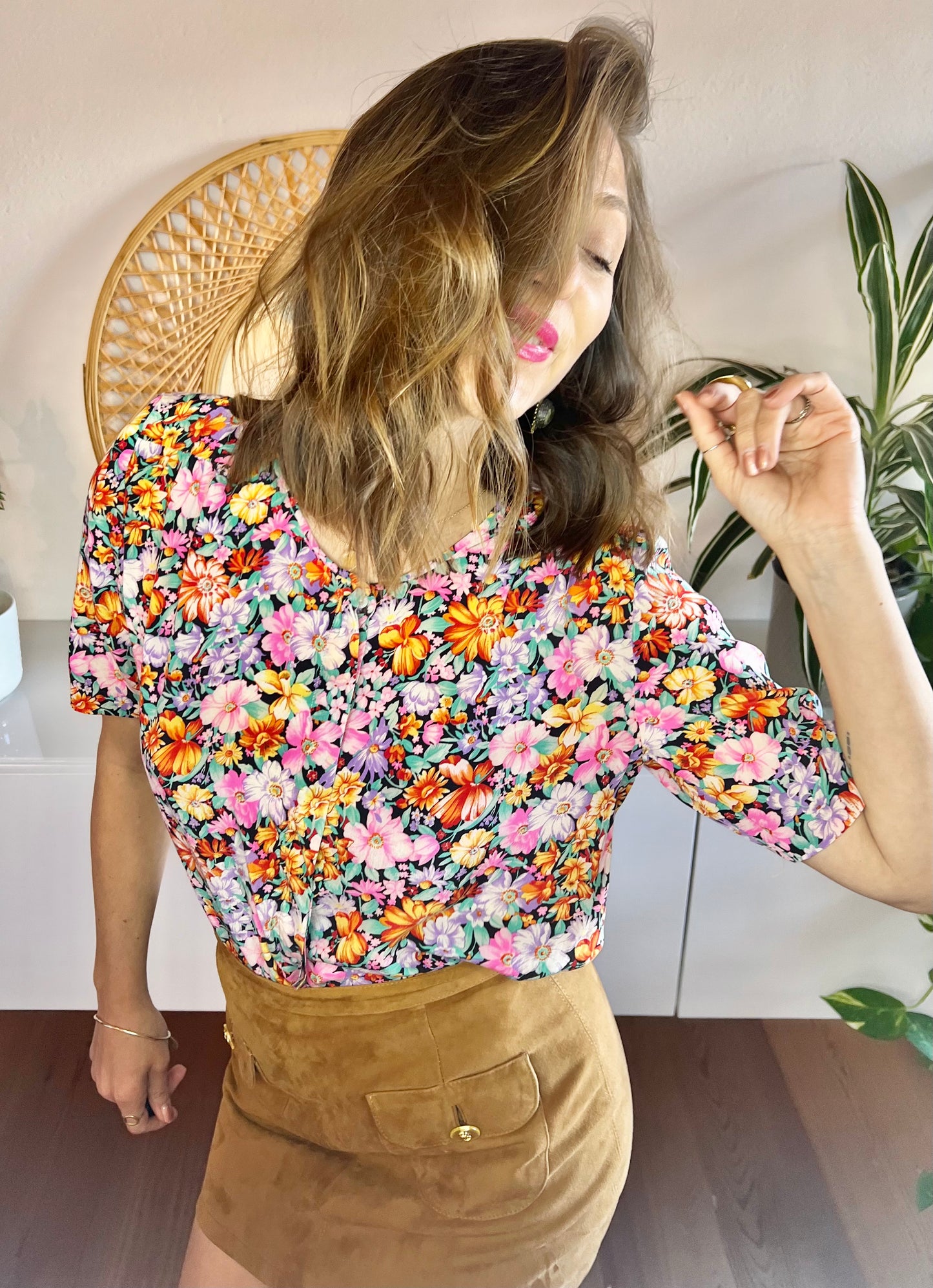 1970's vintage multi colour silk floral short sleeve blouse