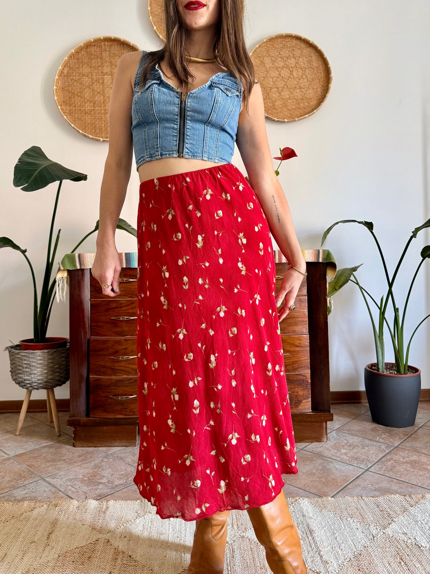 1990's vintage red floral midi skirt