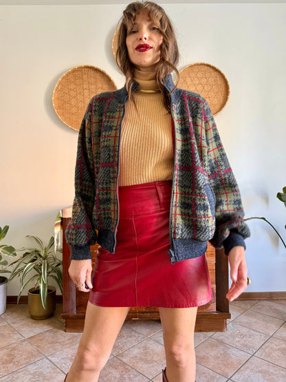 1970's vintage green, blue, grey and red reversible plaid wool cardigan