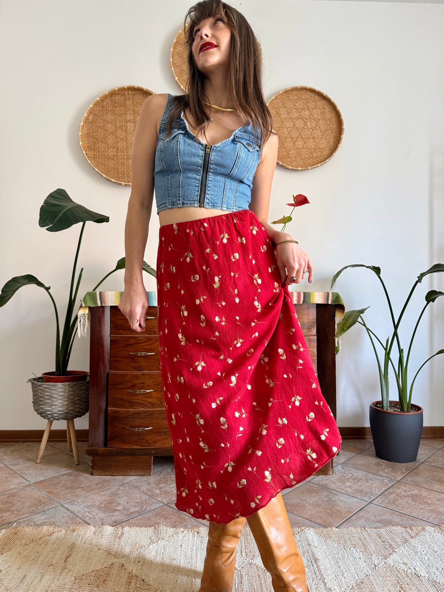 1990's vintage red floral midi skirt