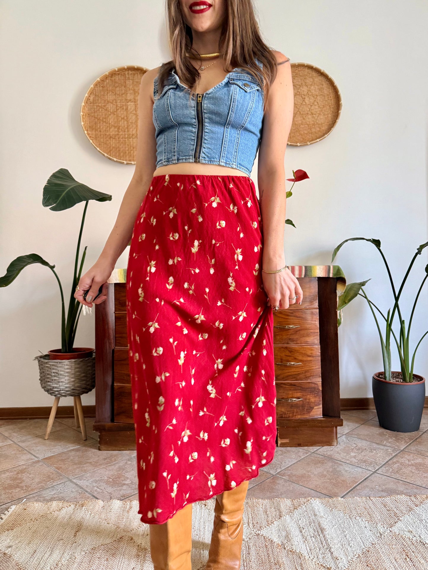 1990's vintage red floral midi skirt