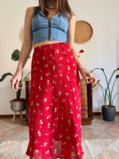 1990's vintage red floral midi skirt