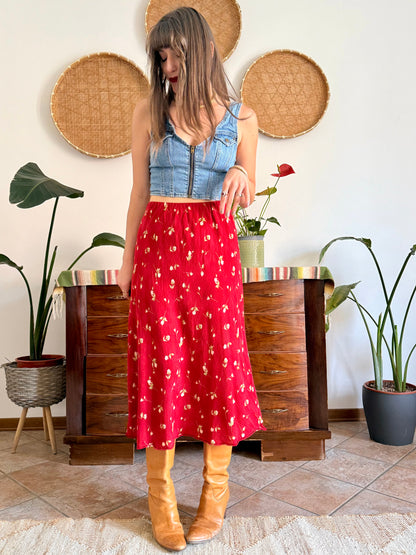 1990's vintage red floral midi skirt