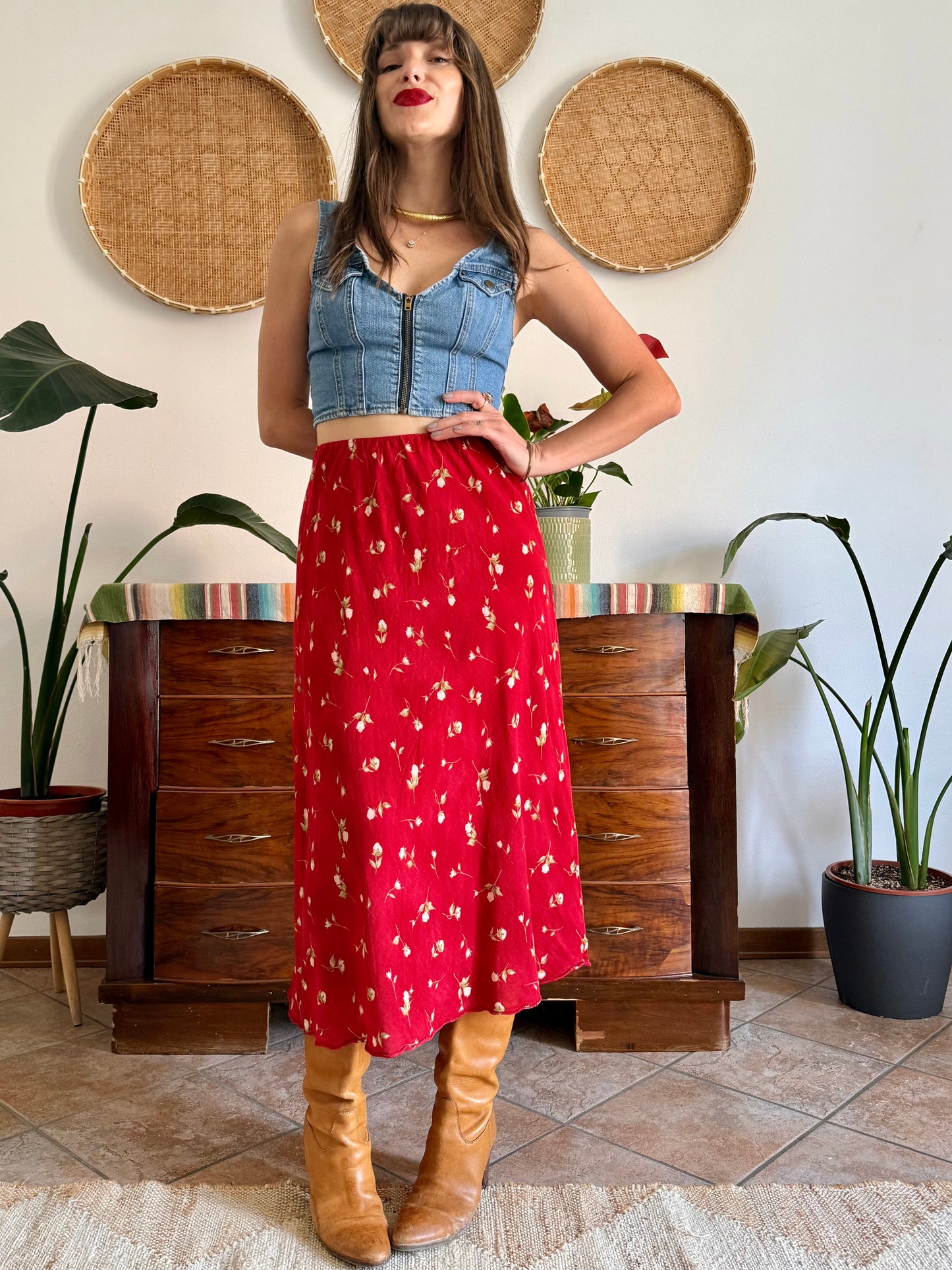 1990's vintage red floral midi skirt