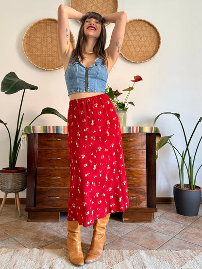 1990's vintage red floral midi skirt