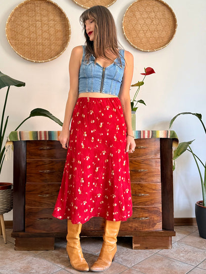 1990's vintage red floral midi skirt