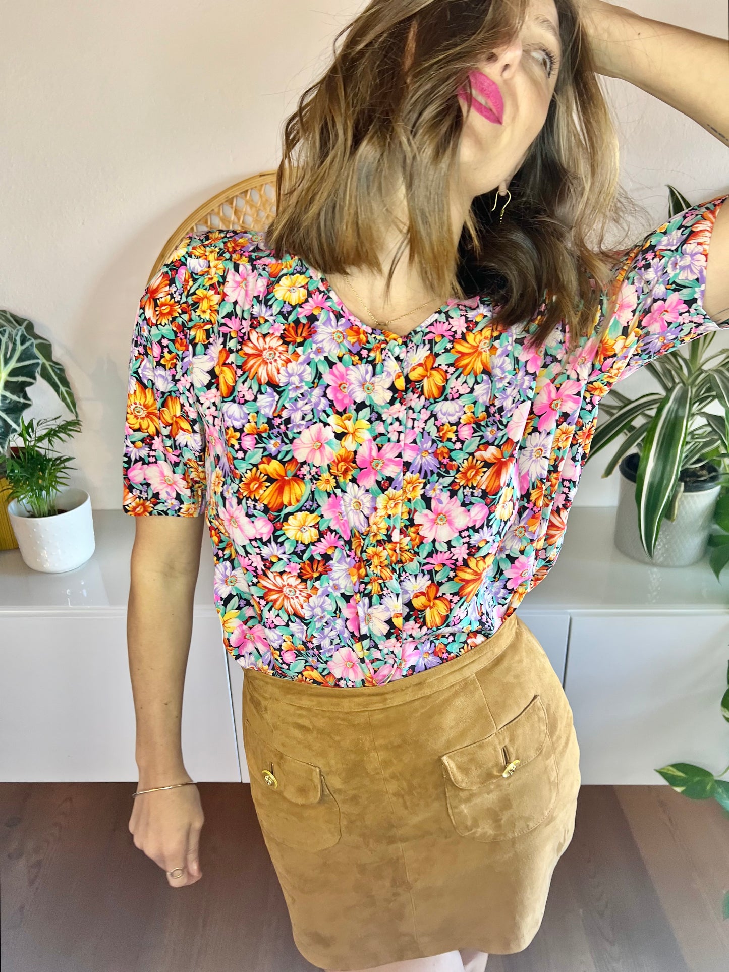 1970's vintage multi colour silk floral short sleeve blouse