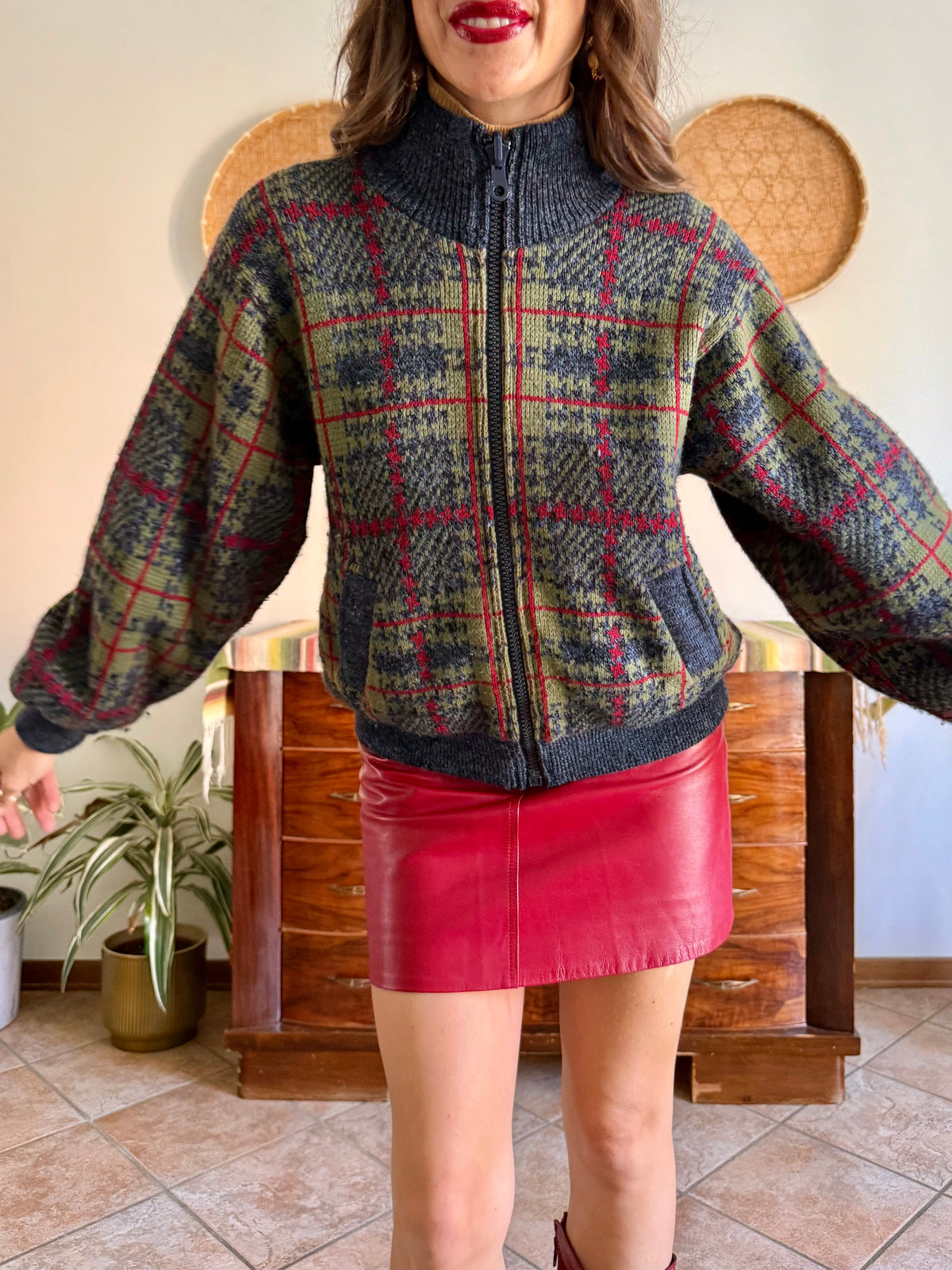 1970's vintage green, blue, grey and red reversible plaid wool cardigan