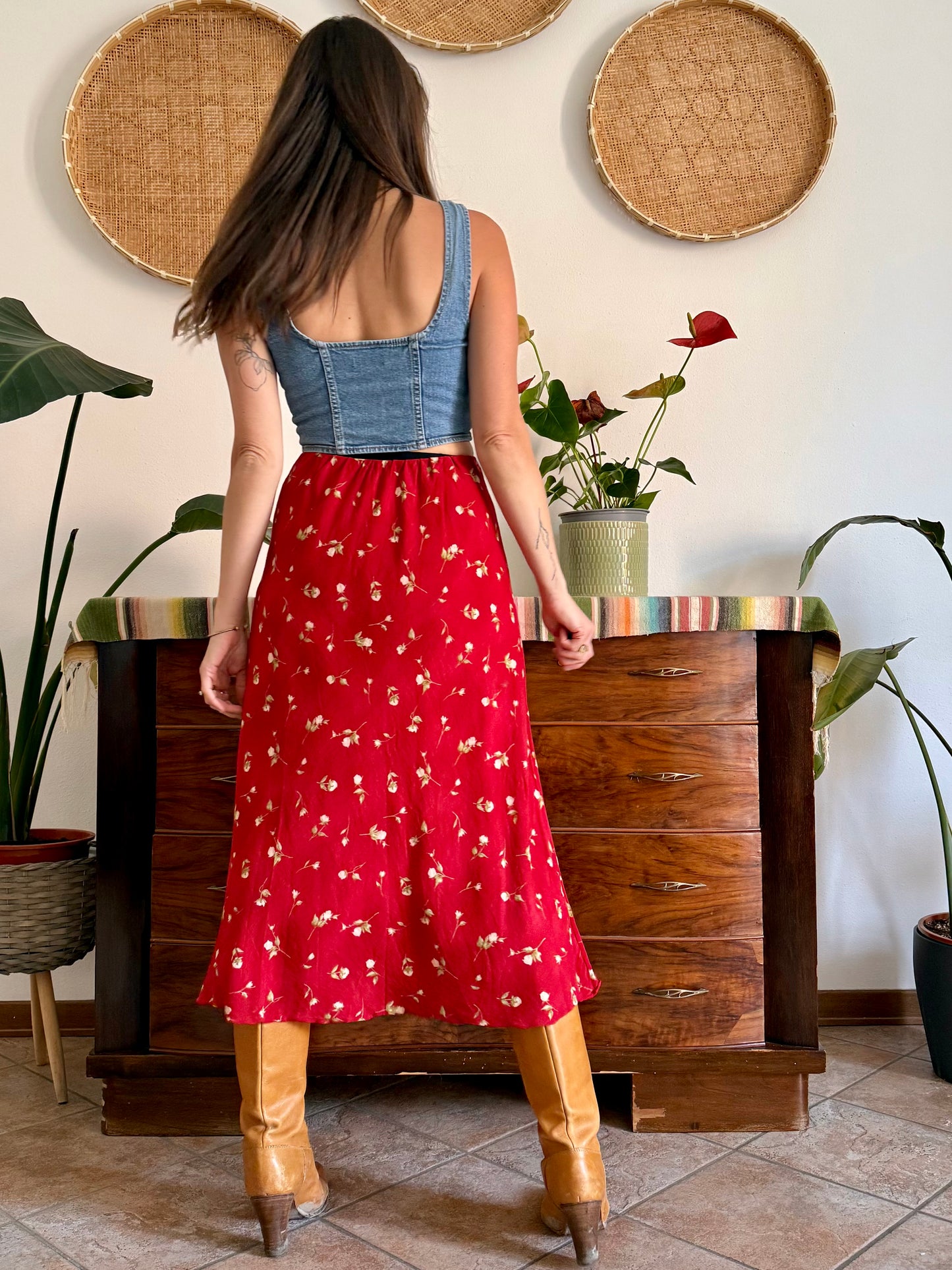 1990's vintage red floral midi skirt