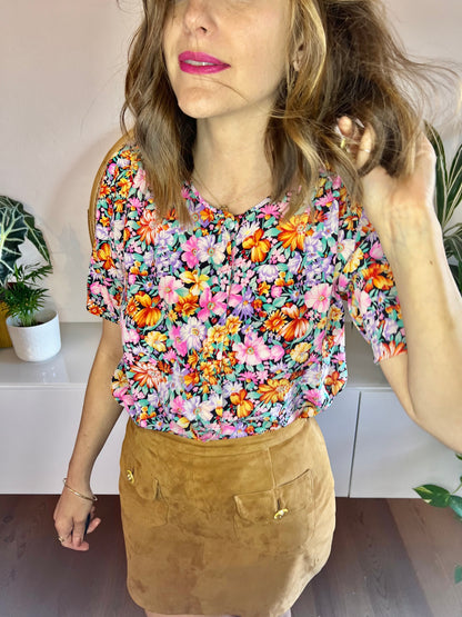 1970's vintage multi colour silk floral short sleeve blouse