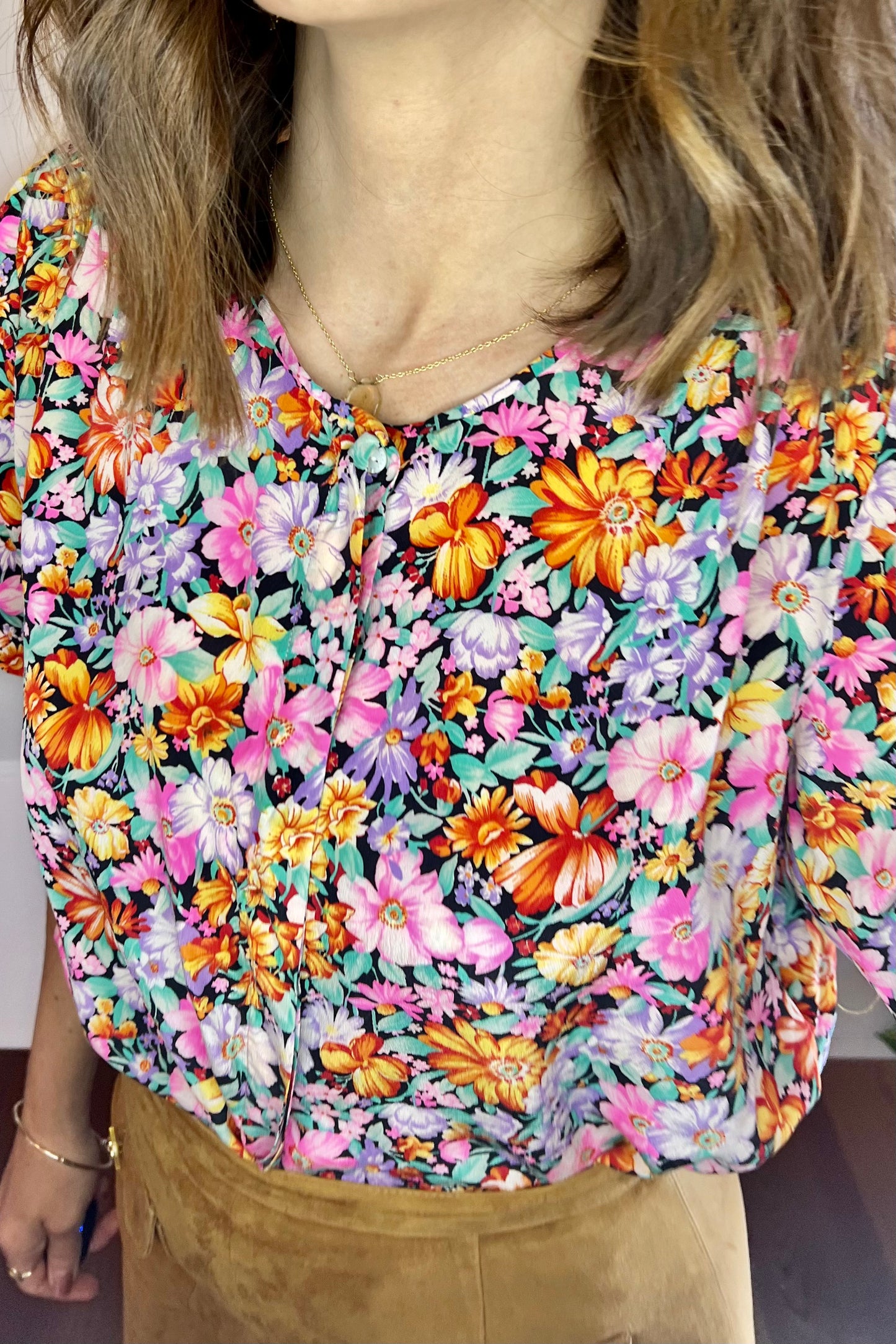 1970's vintage multi colour silk floral short sleeve blouse