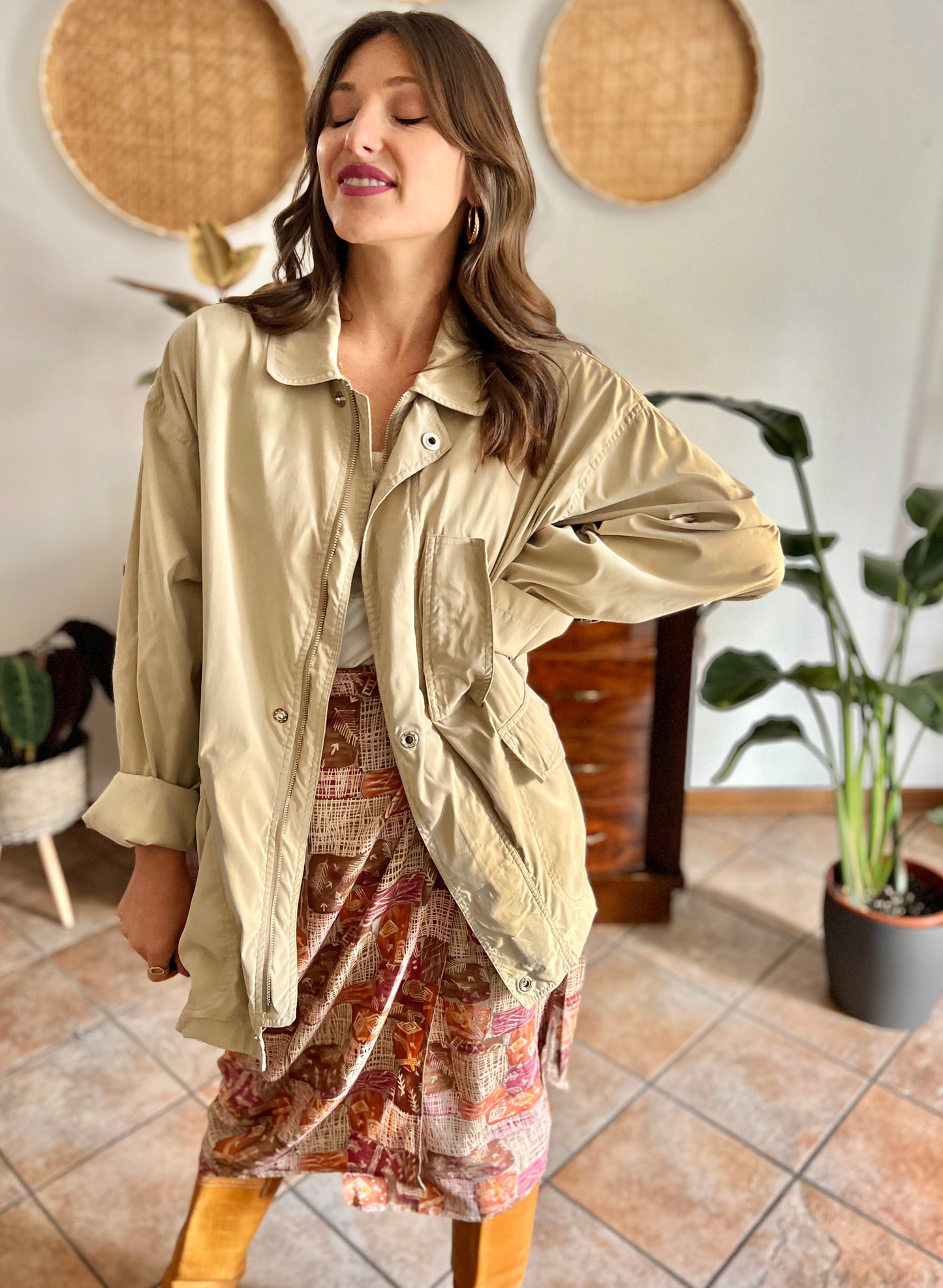 1990's vintage beige trench spring trench coat with blue and white stripe lining