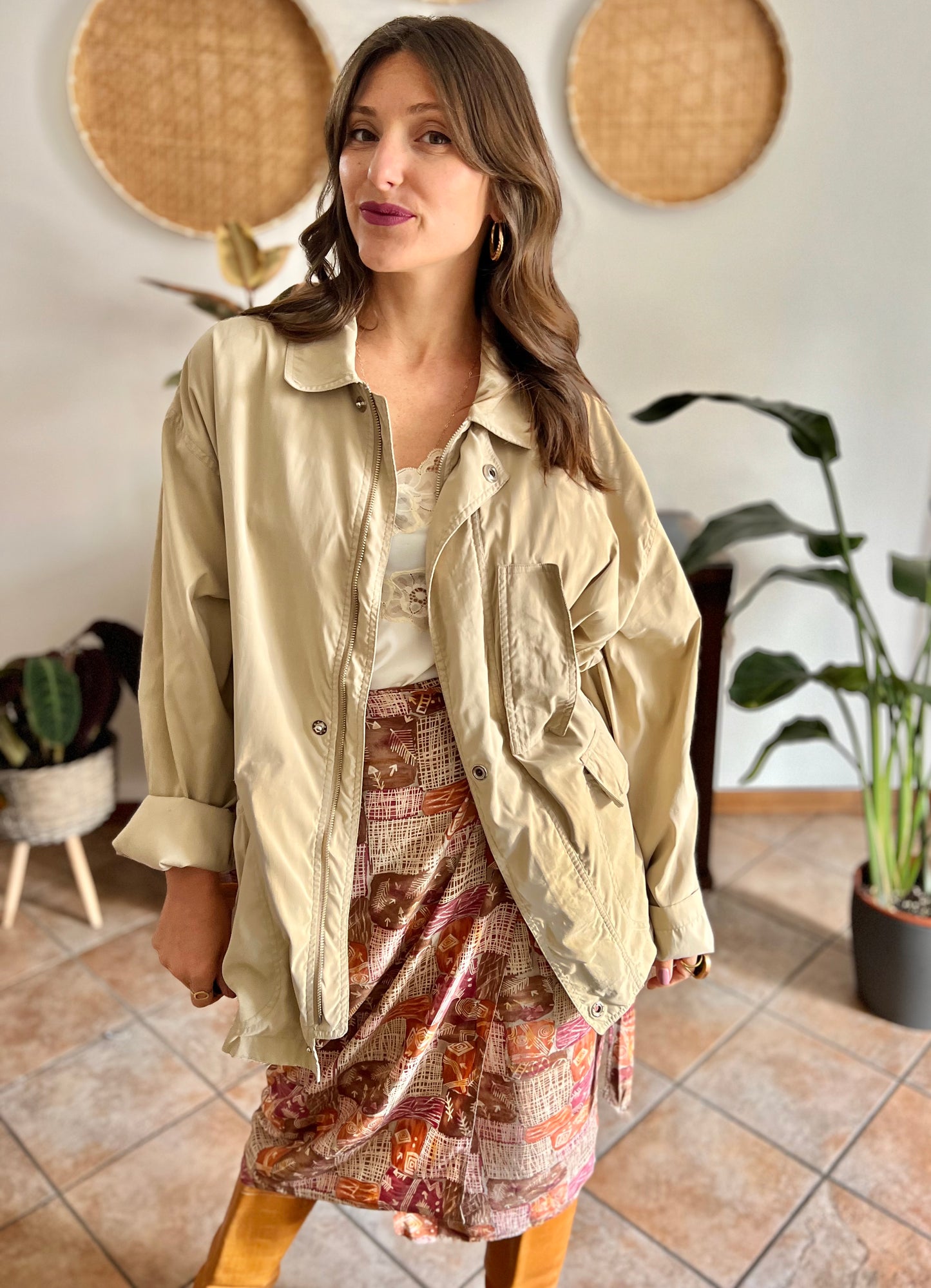 1990's vintage beige trench spring trench coat with blue and white stripe lining