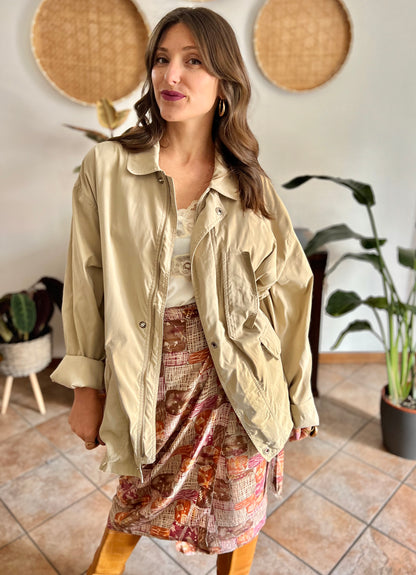 1990's vintage beige trench spring trench coat with blue and white stripe lining