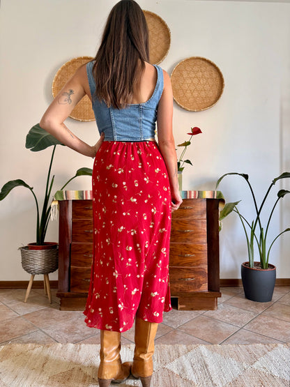 1990's vintage red floral midi skirt