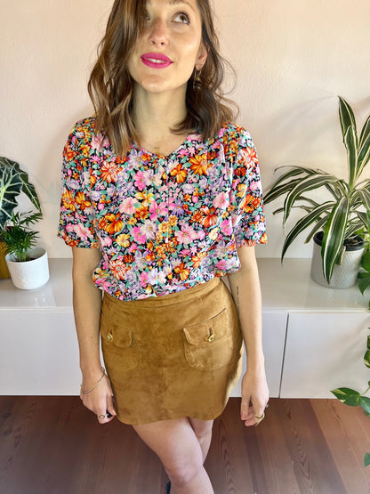 1970's vintage multi colour silk floral short sleeve blouse